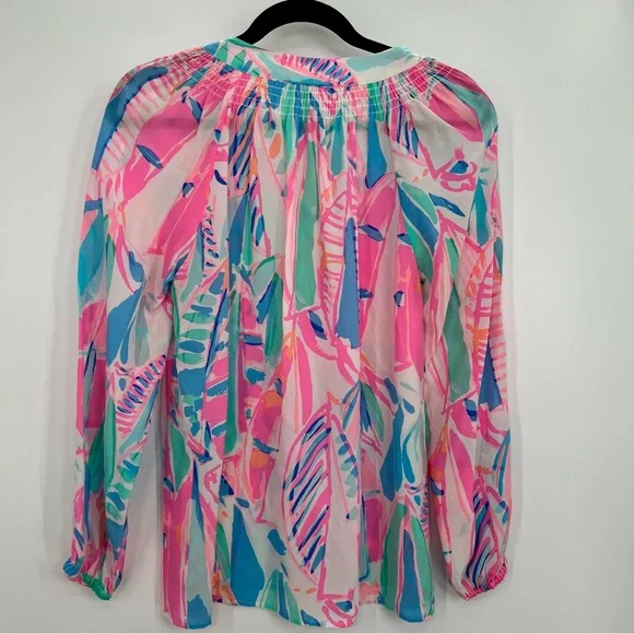 Lilly Pulitzer 100% Silk Elsa Blouse Top Shirt Floral Leaf Out to Sea Nautical S - Picture 9 of 10
